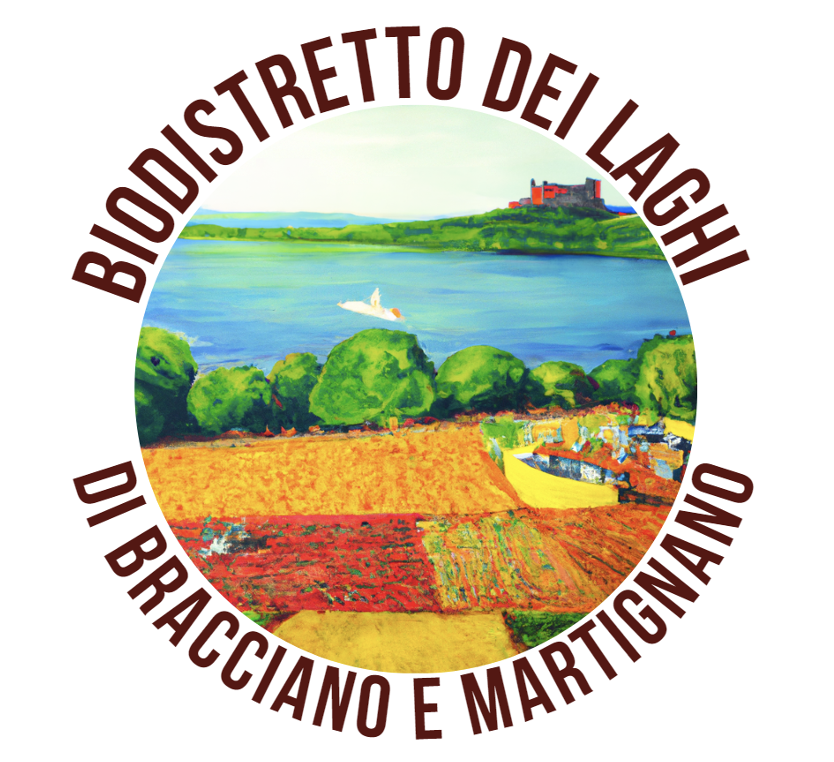 Logo circolare del Biodistretto dei Laghi di Bracciano e Martignano con panorama del lago e territorio